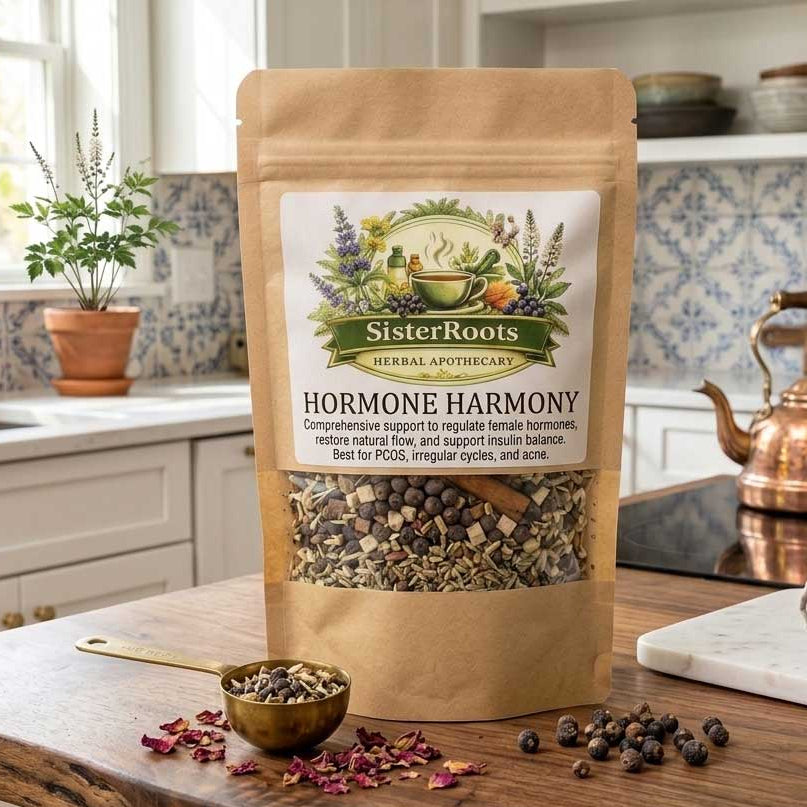 A kraft paper stand-up pouch of Hormone Harmony tea resting on a light-colored kitchen counter with soft linen styling, filled with warm, inviting natural light.