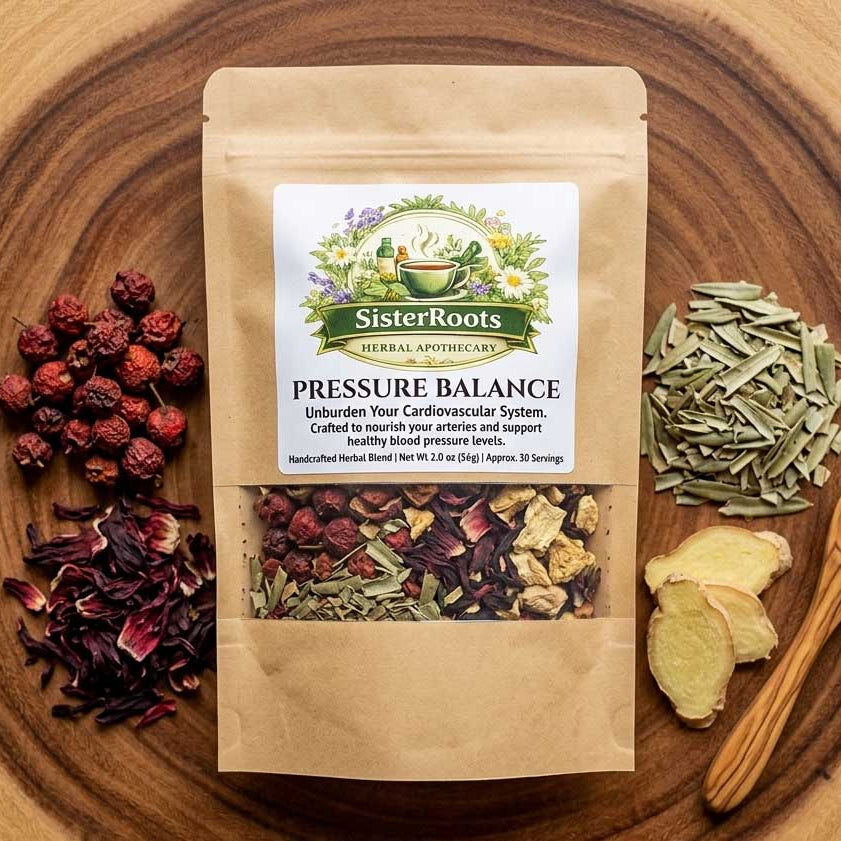 Pressure Balance herbal tea pouch resting on a rich butcher block countertop with a vintage-style ceramic teapot in soft background focus.