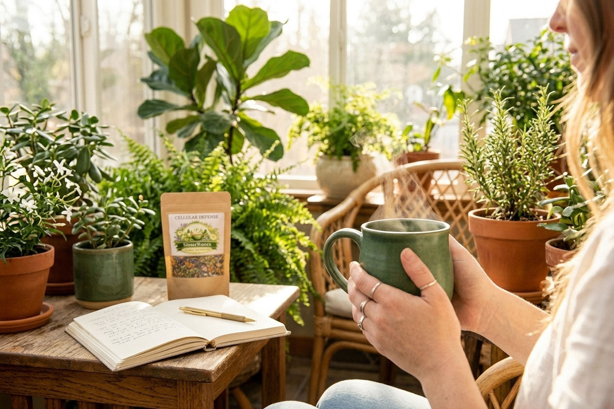 A cozy indoor scene with a woman holding a green ceramic mug beside a wooden table with an open book, a small product card, and several potted plants in a sunlit room.