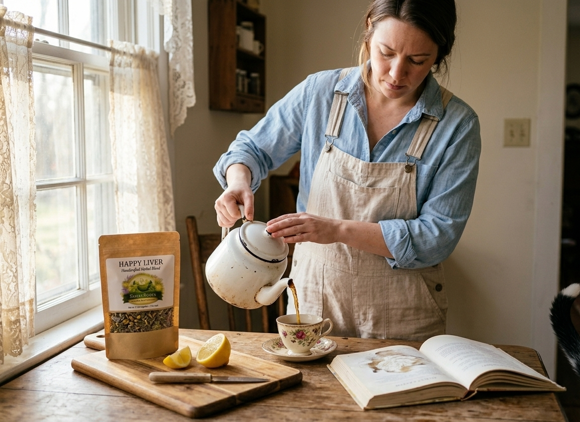 Woman pouring Sister Roots Happy Liver herbal tea in cozy farmhouse kitchen