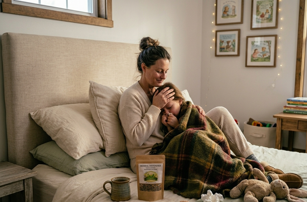 Mother comforting sick child with Sister Roots Herbal Defender natural antibiotic tea