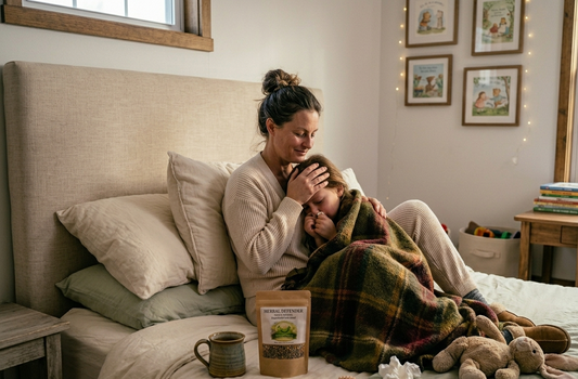 Mother comforting sick child with Sister Roots Herbal Defender natural antibiotic tea