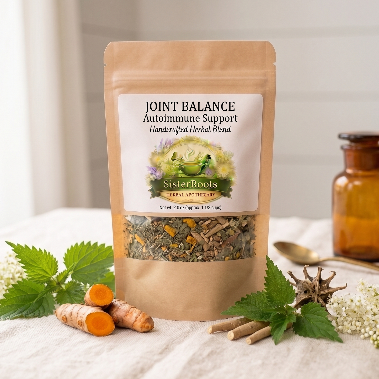 Sister Roots Joint Balance autoimmune herbal tea pouch with turmeric and nettle