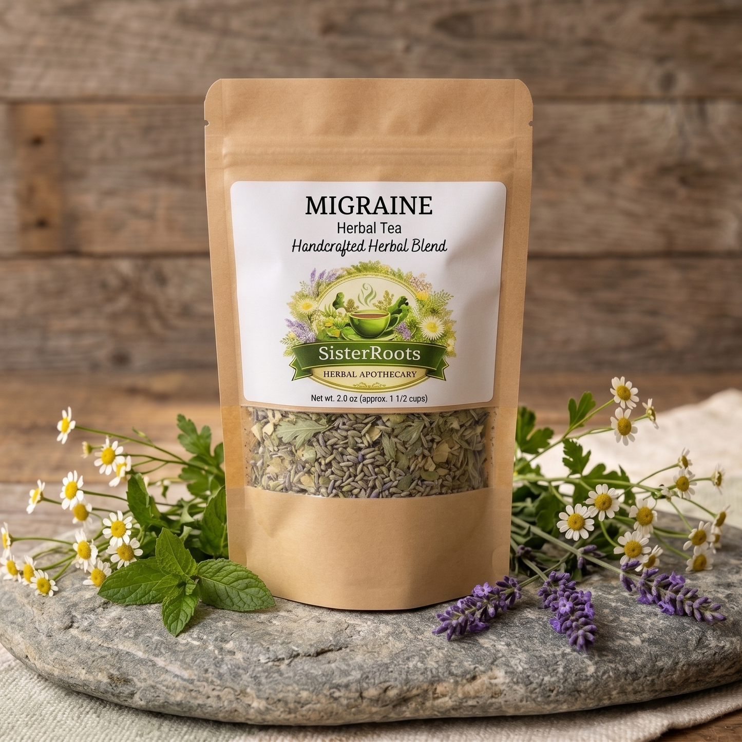 Sister Roots Migraine herbal tea pouch with lavender, chamomile, and feverfew