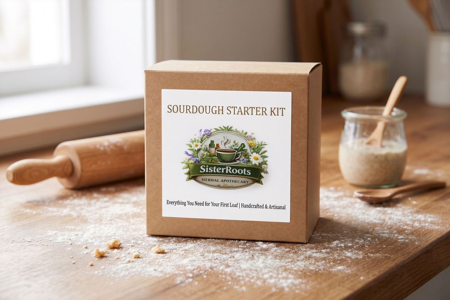 Freeze-dried sourdough starter kit by Sister Roots for healthy gut-friendly home baking, artisanal kitchen scene.