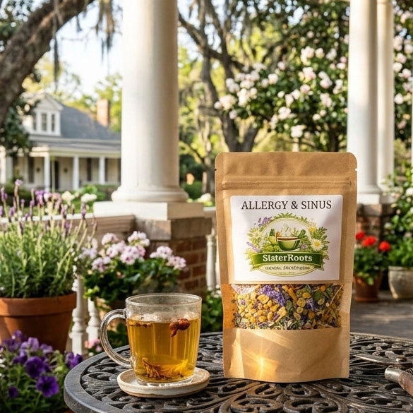 A stand-up pouch of Allerboy & Sons Organic Herbal Tea sits on a black wrought-iron table on a porch, alongside a glass mug filled with tea. The porch is decorated with potted lavender, flowers, and greenery, with a house and trees in the background.
