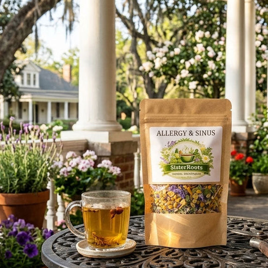 A stand-up pouch of Allerboy & Sons Organic Herbal Tea sits on a black wrought-iron table on a porch, alongside a glass mug filled with tea. The porch is decorated with potted lavender, flowers, and greenery, with a house and trees in the background.