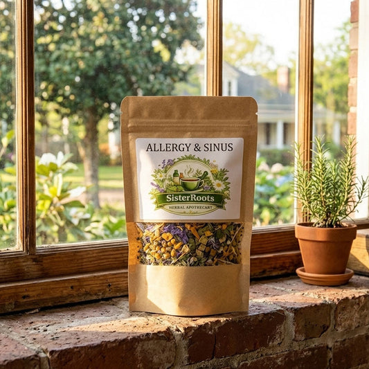 A light brown kraft paper stand-up pouch of Allergy & Sinus tea resting beside a blurred clay pot of fresh herbs on a clean, modern white-tiled kitchen counter.