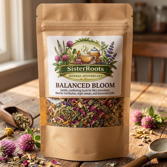 Sister Roots Balanced Bloom tea pouch displayed on a warm oak breakfast table with a soft-focus ceramic teacup beside a small vase of dried florals.