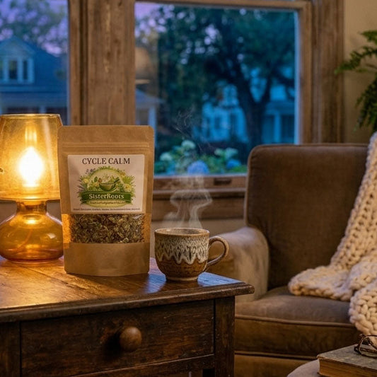 A cozy indoor scene with a small wooden table holding a lit amber lamp, a bag of loose-leaf tea labeled 'SILK CAMEL', a small ceramic cup, and a knit cream throw draped over an armchair by a window at dusk.