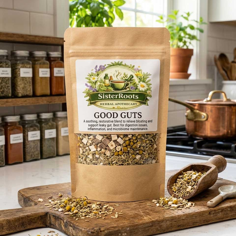 Sister Roots Good Guts tea pouch shown on a clean, white quartz kitchen island counter next to a small wooden bowl holding raw herbal ingredients.