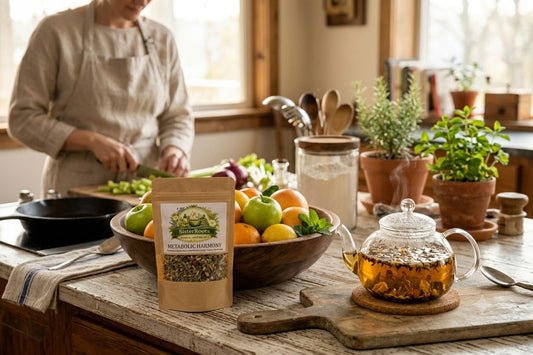 A person in a beige apron stands blurred in a rustic kitchen behind a counter displaying a bag of Wildrose Herbs. The counter is styled with a wooden bowl of fresh fruits and herbs, a glass teapot filled with tea, and potted plants.
