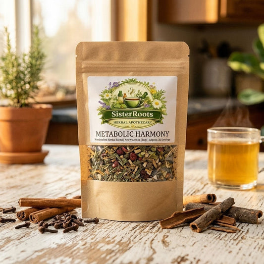 High-resolution shot of Metabolic Harmony tea pouch on a polished soapstone kitchen counter with beautiful farmhouse-style open shelving softly out of focus behind it.