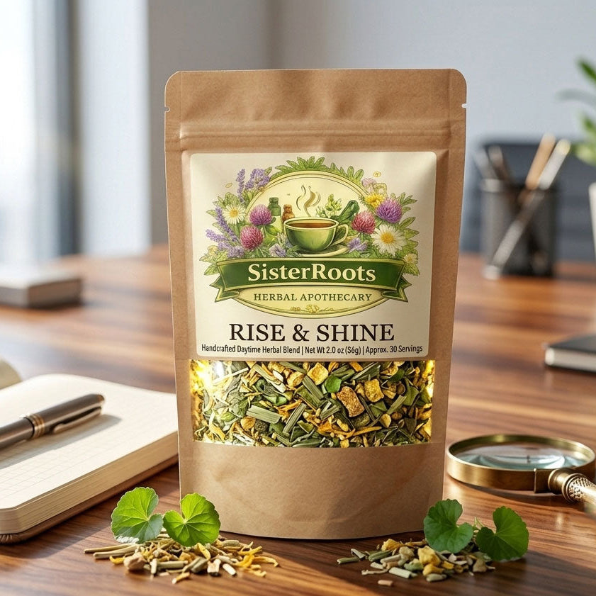 High-resolution product shot of Rise & Shine tea pouch resting on a sunny kitchen island desk with a notebook and wooden pen in soft background focus.