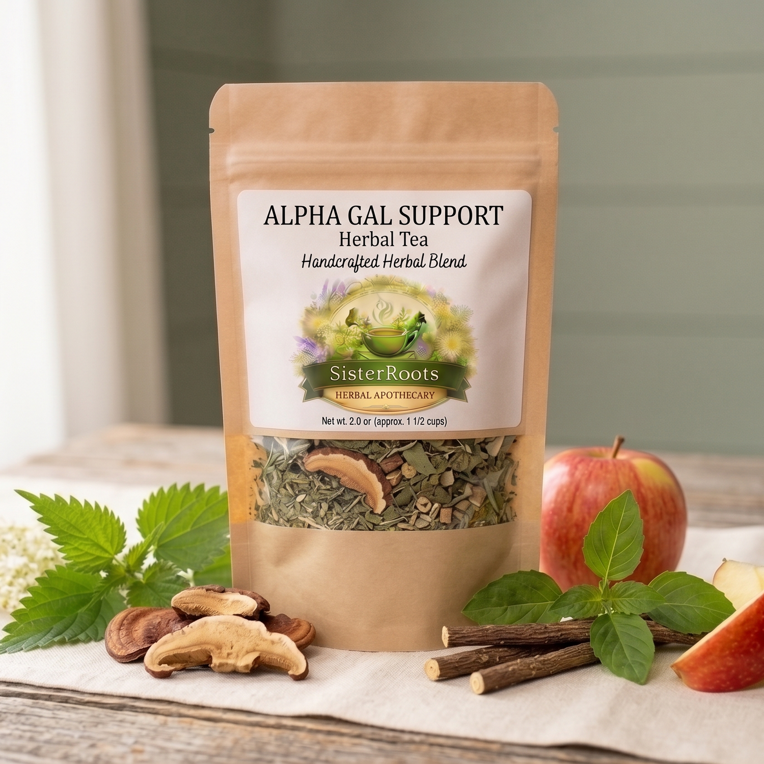 Sister Roots Alpha Gal Support herbal tea with reishi mushroom, nettle, and tulsi