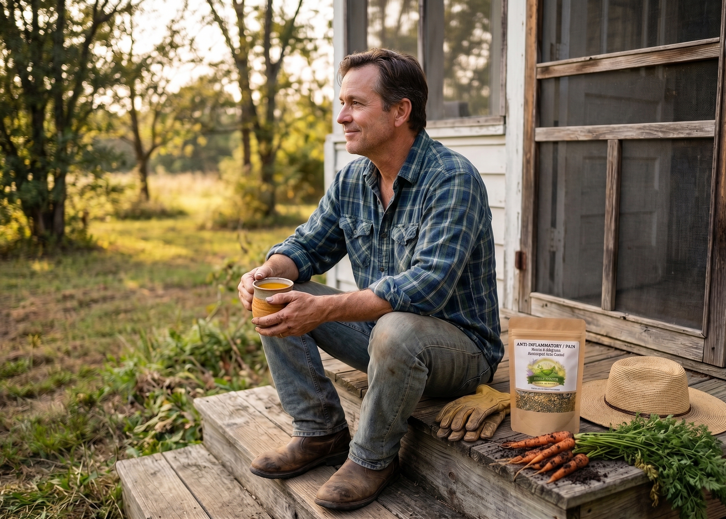 Man resting with Sister Roots Anti-Inflammatory herbal tea after gardening