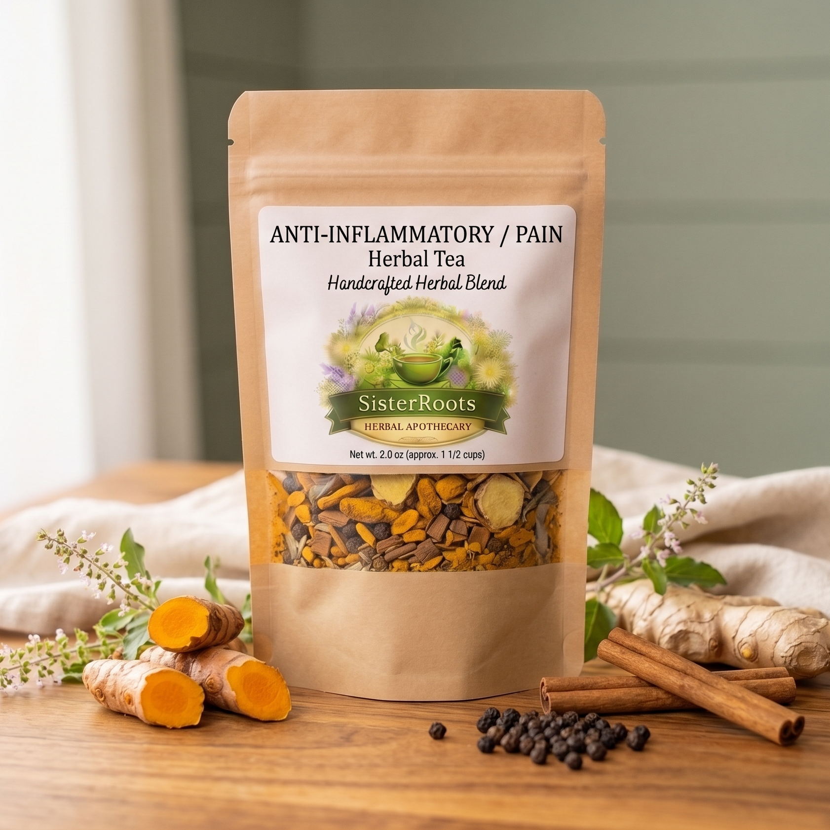 Sister Roots Anti-Inflammatory herbal tea pouch with turmeric, ginger, and cinnamon