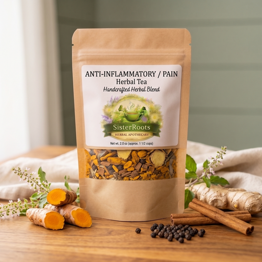 Sister Roots Anti-Inflammatory herbal tea pouch with turmeric, ginger, and cinnamon