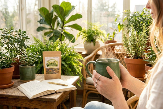 A cozy indoor scene with a woman holding a green ceramic mug beside a wooden table with an open book, a small product card, and several potted plants in a sunlit room.