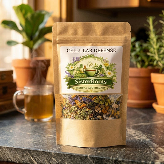 Sister Roots Cellular Defense tea pouch showcasing a rich, leaf-and-petal-filled blend through its transparent window, set on a modern white quartz countertop with soft sunbeams.
