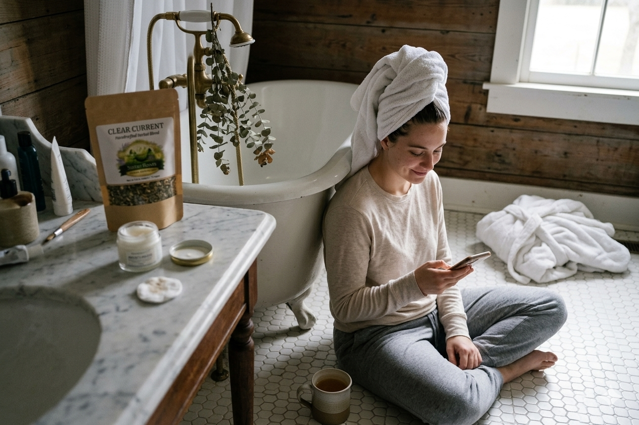 Young woman in skincare routine with Sister Roots Clear Current acne support herbal tea