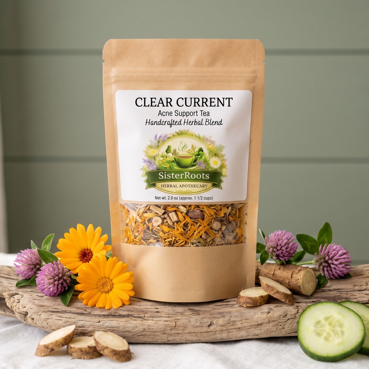 Sister Roots Clear Current acne support herbal tea with calendula, red clover, and burdock