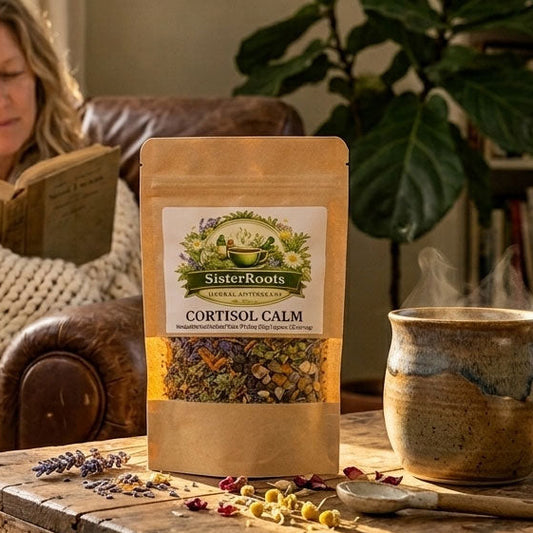A woman wrapped in a chunky cream knit blanket sits in a brown leather armchair by a window, reading a book. In the foreground, a kraft pouch labeled 'Wild Earths Cortisol Calm' tea sits on a rustic wooden table next to a ceramic mug in a cozy living room setting.
