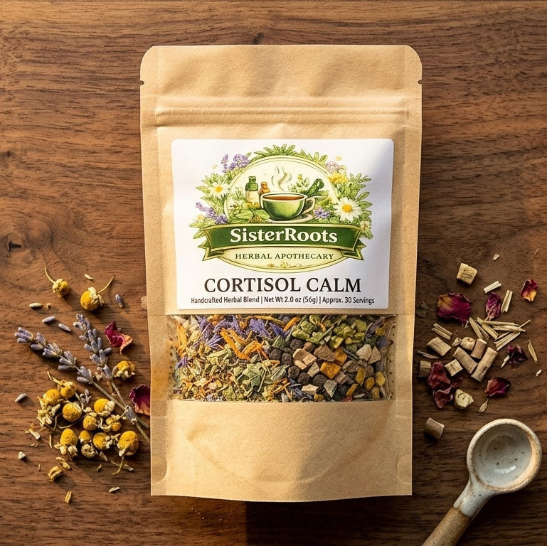 A high-resolution shot of the Cortisol Calm stand-up pouch on a rustic cutting board, illuminated by soft morning window light in a clean, minimal cottage kitchen.