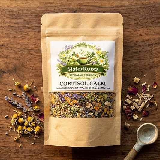 A high-resolution shot of the Cortisol Calm stand-up pouch on a rustic cutting board, illuminated by soft morning window light in a clean, minimal cottage kitchen.