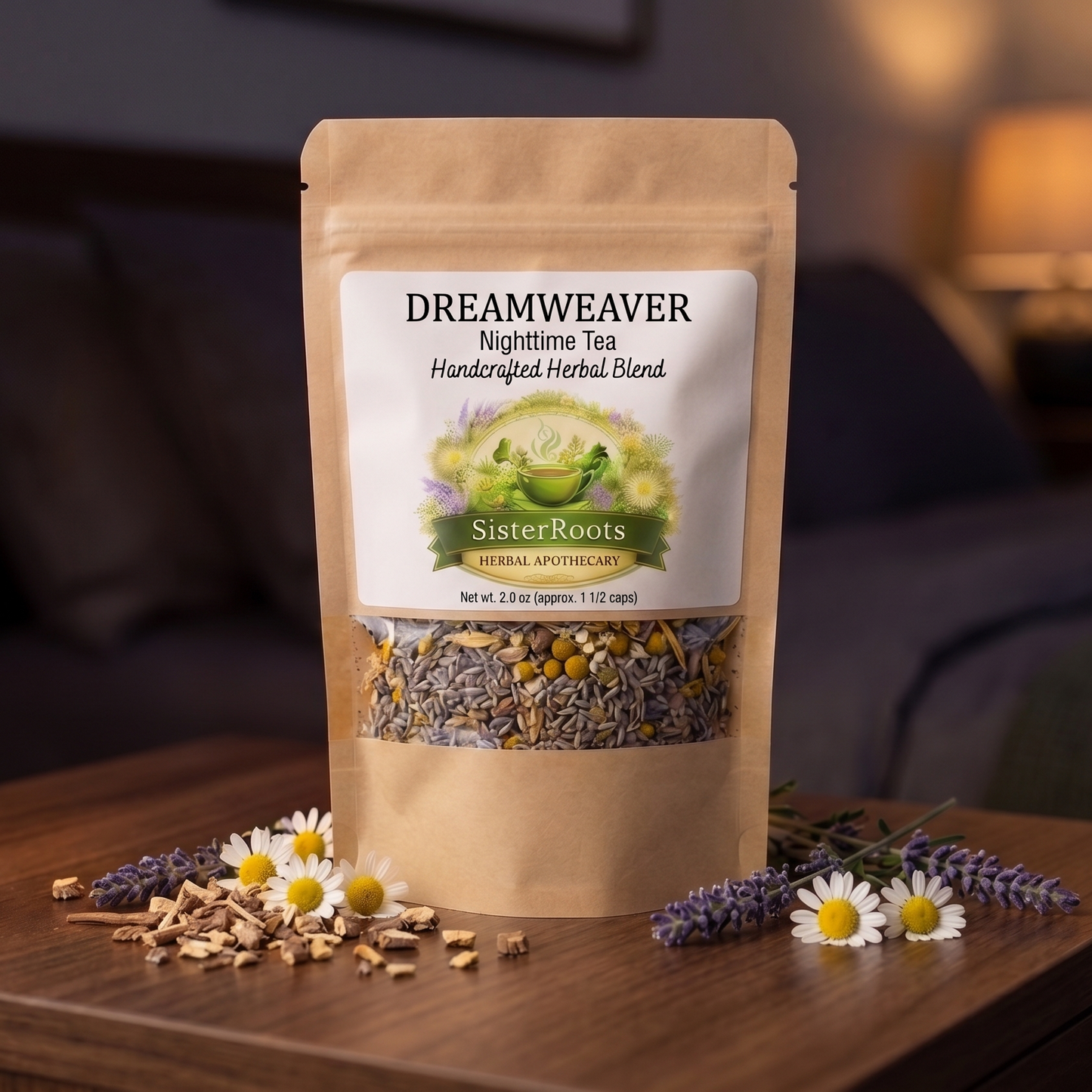 Sister Roots Dreamweaver nighttime herbal tea with lavender, chamomile, and valerian root