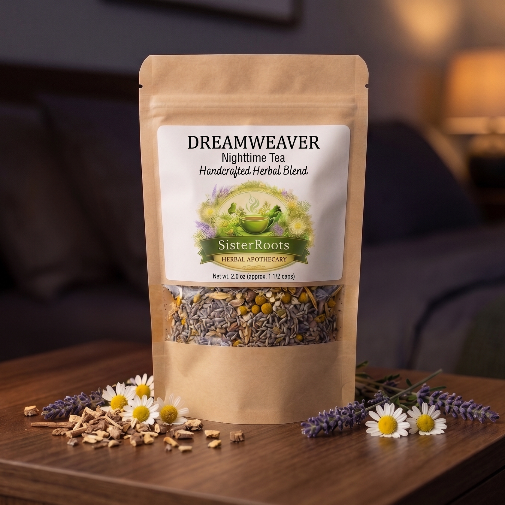 Sister Roots Dreamweaver nighttime herbal tea with lavender, chamomile, and valerian root