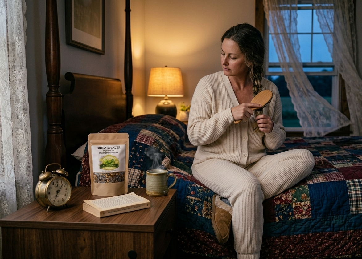 Woman in cozy bedroom with Sister Roots Dreamweaver nighttime herbal tea before bed