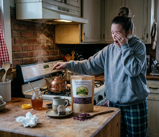 Sick woman brewing Sister Roots Flu Fighter herbal tea with honey in kitchen