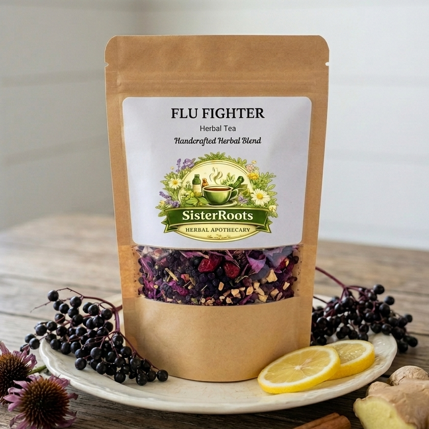 Sister Roots Flu Fighter herbal tea pouch with elderberry, lemon, and ginger