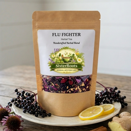 Sister Roots Flu Fighter herbal tea pouch with elderberry, lemon, and ginger