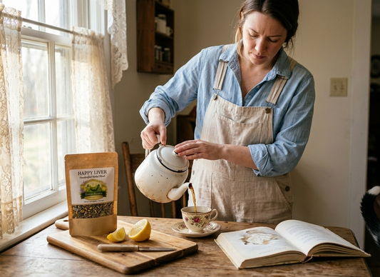 Woman pouring Sister Roots Happy Liver herbal tea in cozy farmhouse kitchen