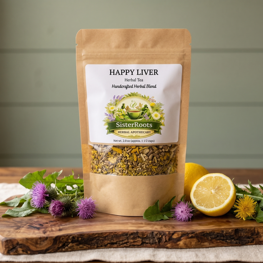 Sister Roots Happy Liver herbal tea pouch with dandelion, milk thistle, and lemon