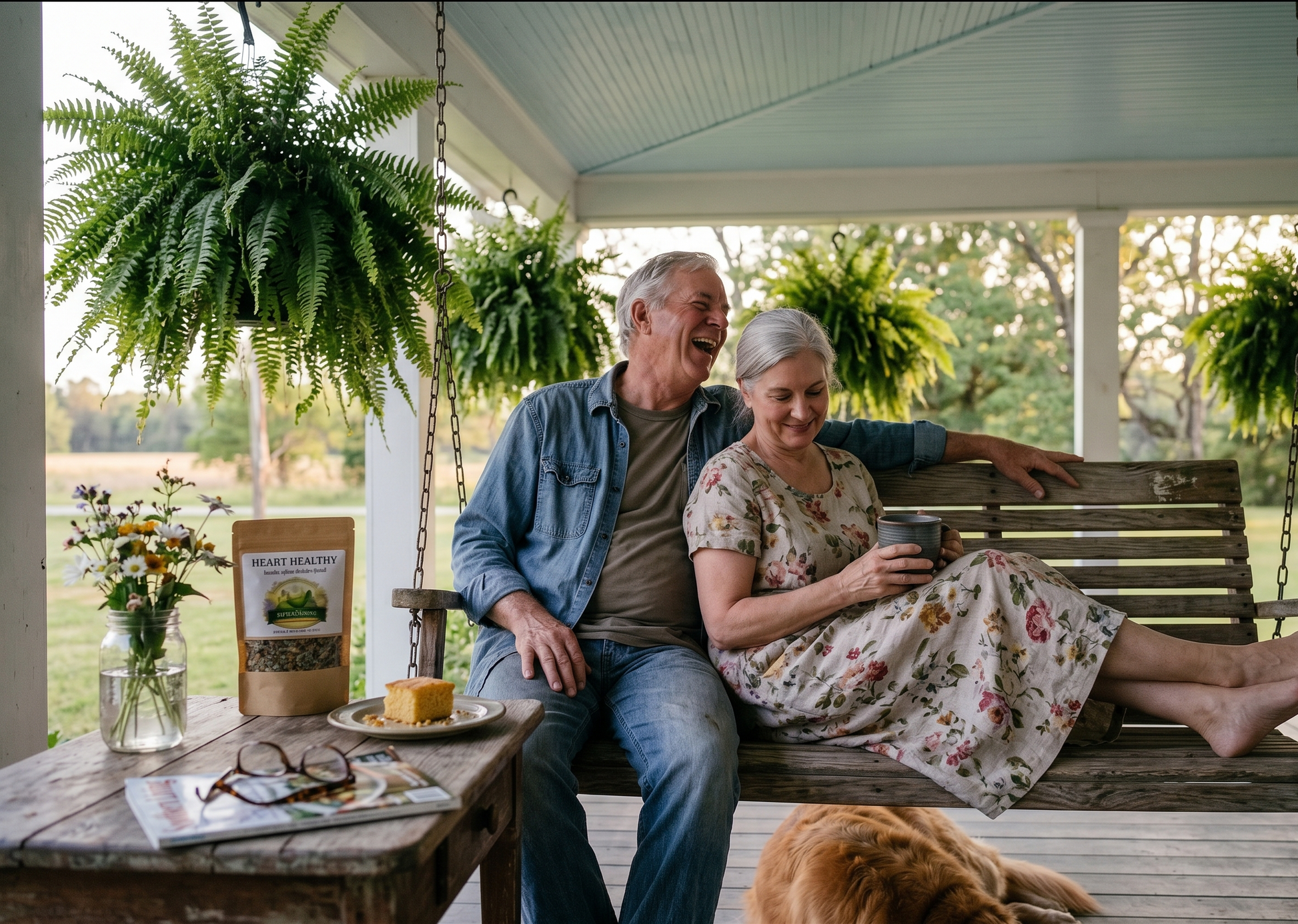 Happy older couple enjoying Sister Roots Heart Healthy herbal tea on porch swing