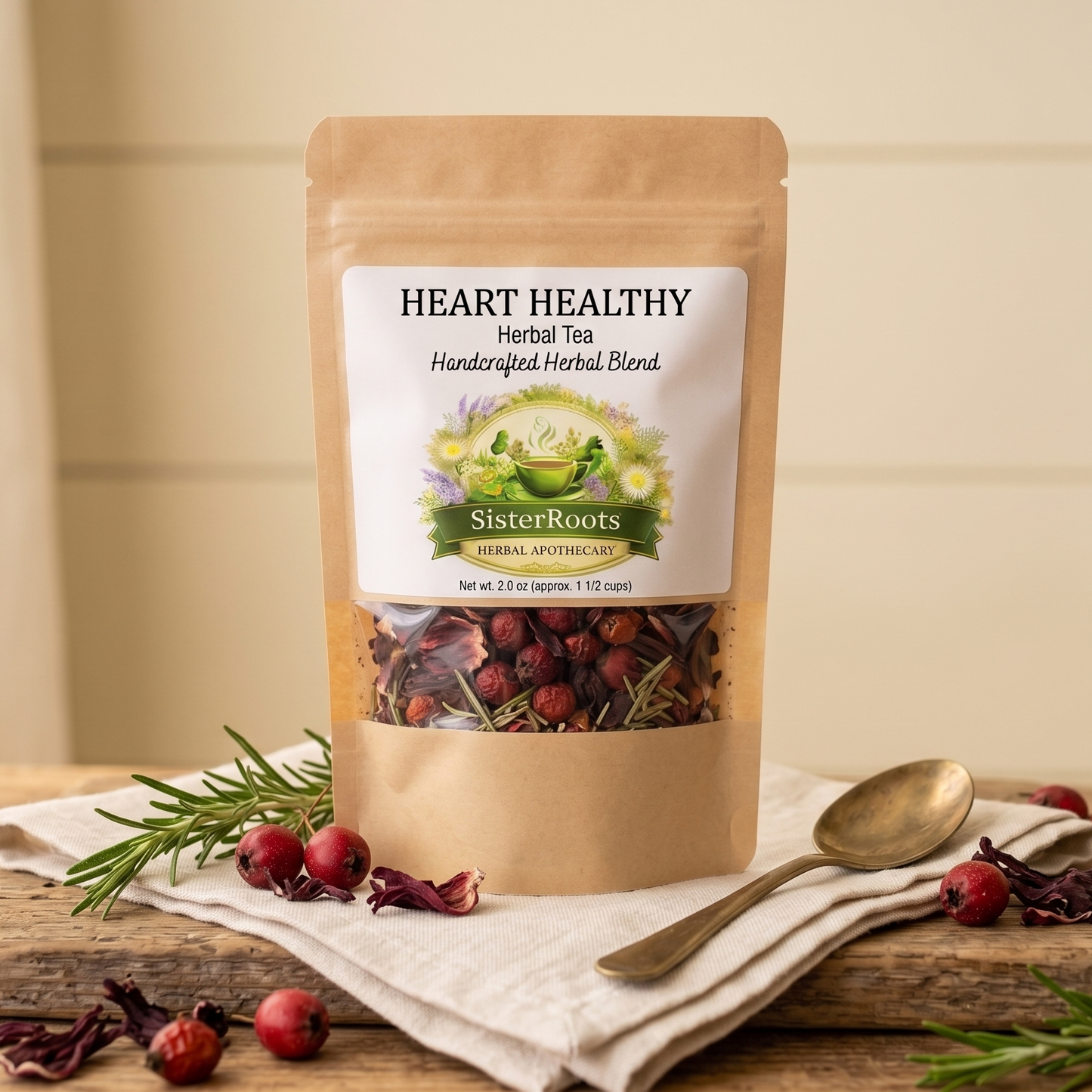 Sister Roots Heart Healthy herbal tea pouch with hawthorn berries, hibiscus, and rosemary
