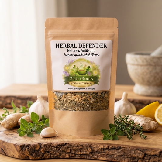Sister Roots Herbal Defender natural antibiotic tea with garlic, ginger, oregano, and thyme