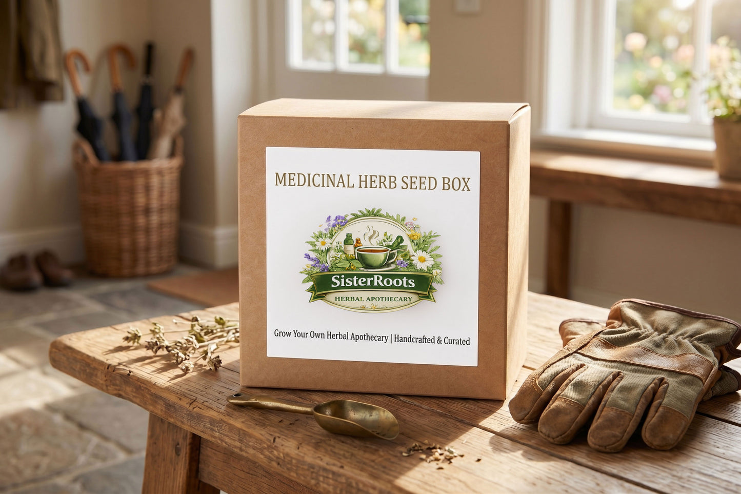 Sister Roots Medicinal Herb Garden seed starter box for home apothecary gardening, rustic mudroom setting.