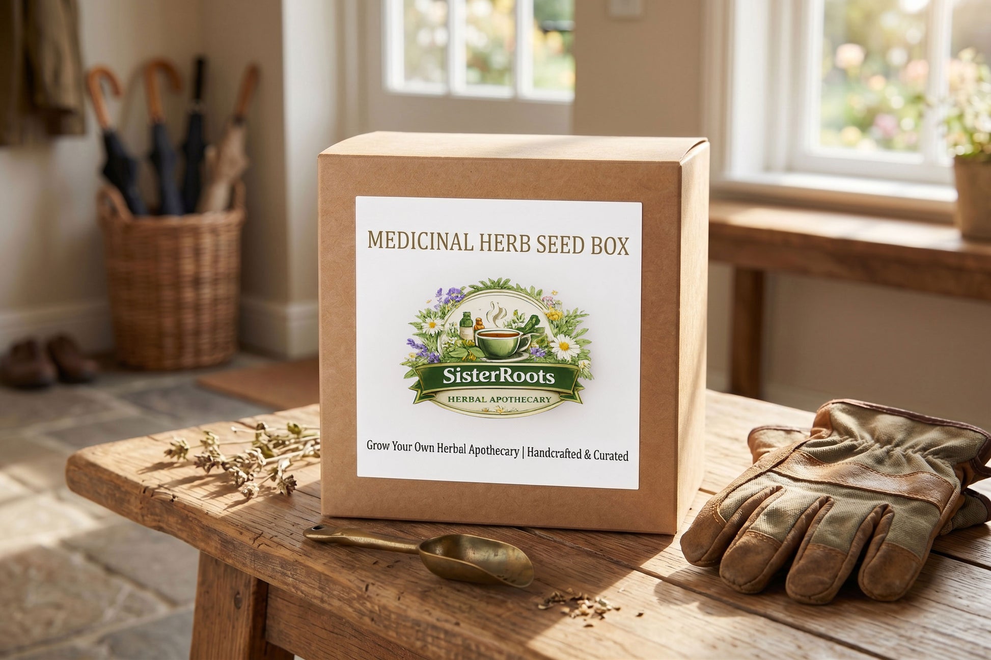 Sister Roots Medicinal Herb Garden seed starter box for home apothecary gardening, rustic mudroom setting.