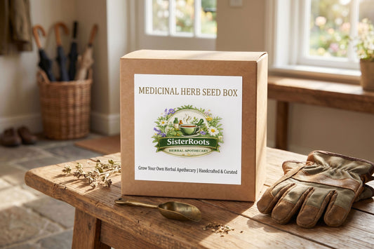 Sister Roots Medicinal Herb Garden seed starter box for home apothecary gardening, rustic mudroom setting.
