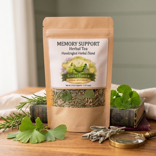 Sister Roots Memory Support herbal tea with rosemary, ginkgo, and sage