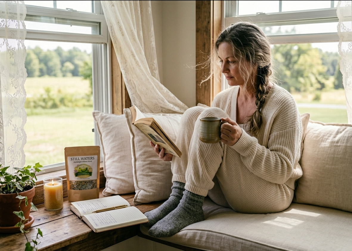 Woman relaxing with Sister Roots Still Waters anxiety herbal tea on cozy window seat