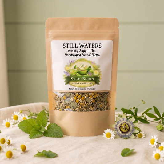 Sister Roots Still Waters anxiety support herbal tea with chamomile, lemon balm, and passionflower